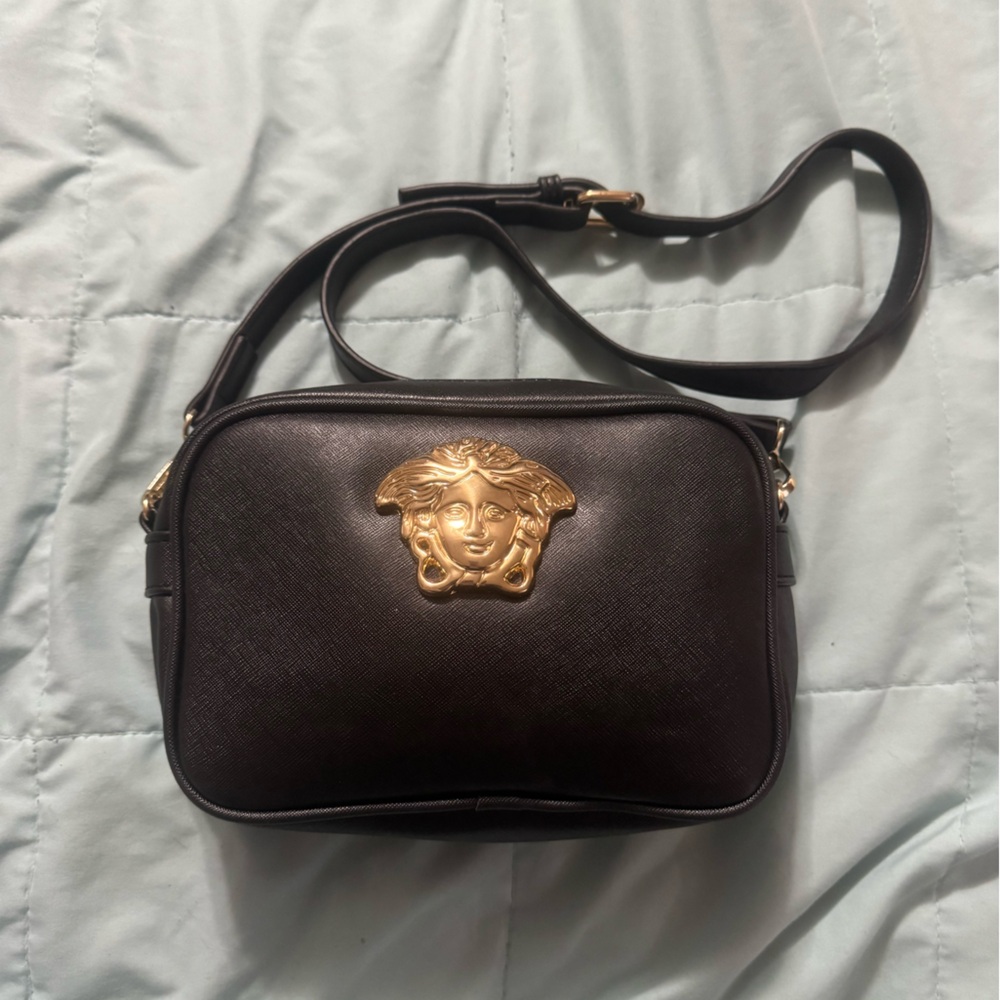 Black Crossbody Bag with Gold Medusa Emblem